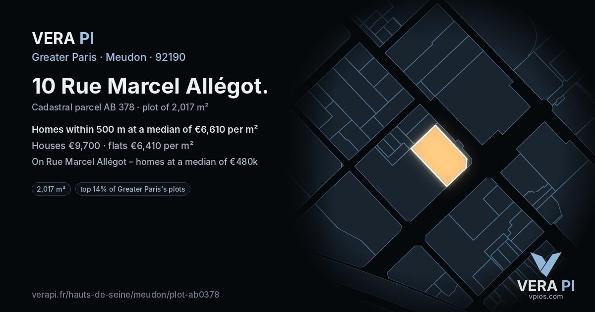 10 Rue Marcel Allégot, Meudon at night – the plot lit, the parcels around coloured by the prices near them