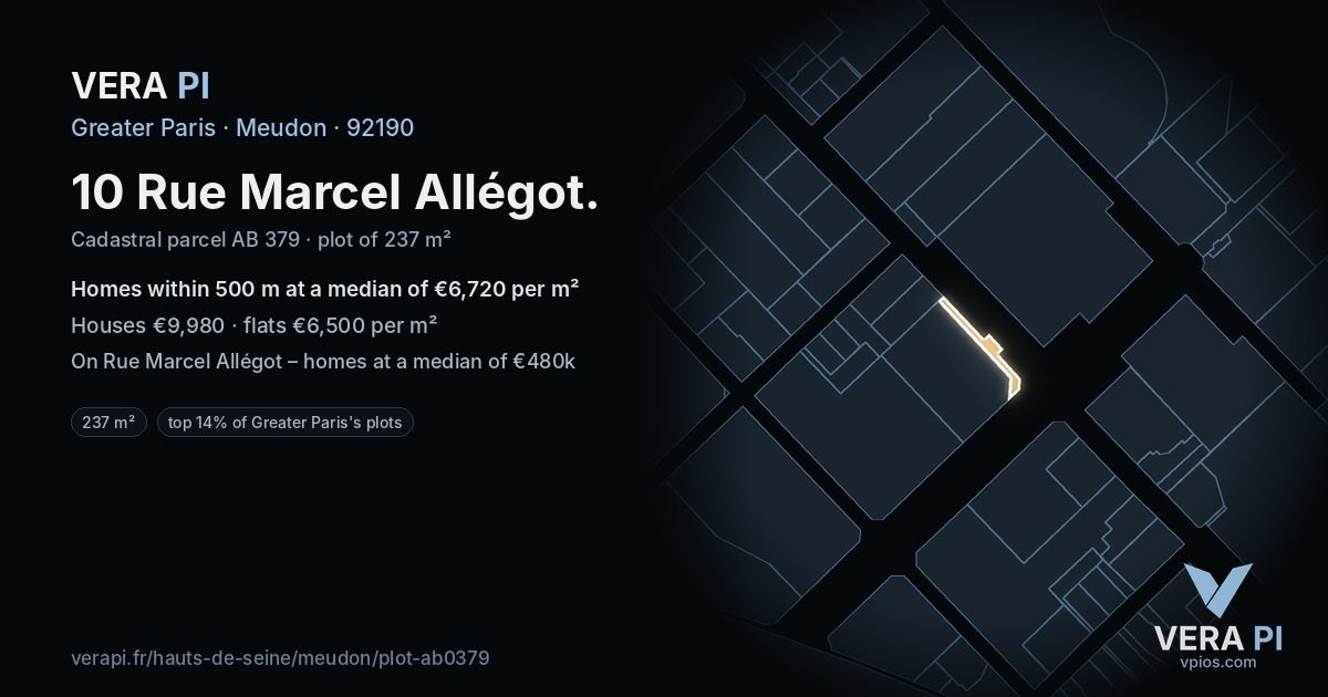 10 Rue Marcel Allégot, Meudon at night – the plot lit, the parcels around coloured by the prices near them