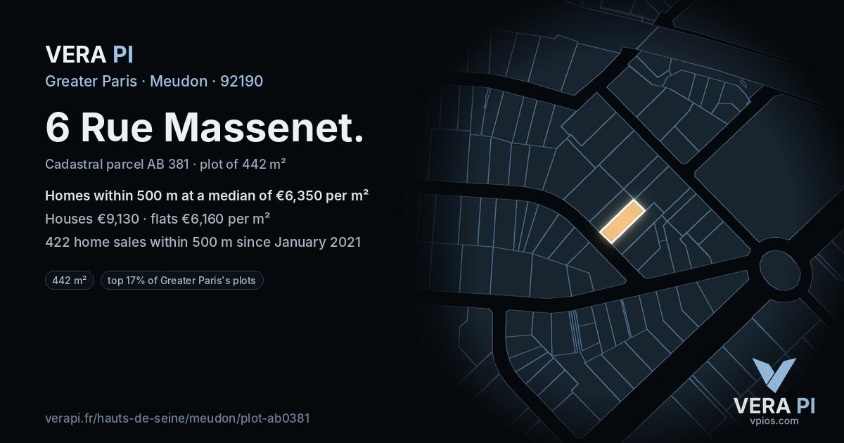 6 Rue Massenet, Meudon at night – the plot lit, the parcels around coloured by the prices near them