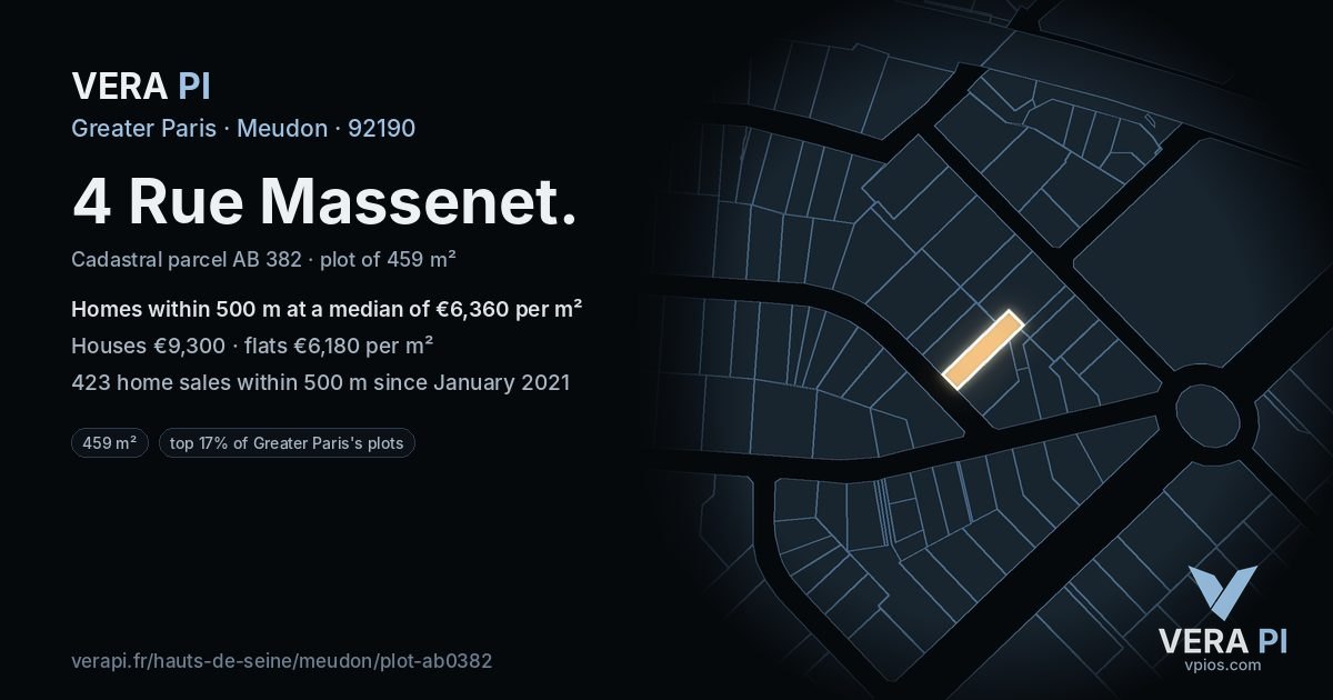 4 Rue Massenet, Meudon at night – the plot lit, the parcels around coloured by the prices near them