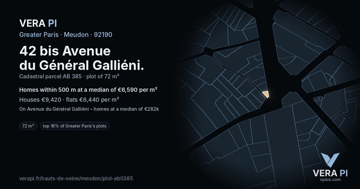 42 bis Avenue du Général Galliéni, Meudon at night – the plot lit, the parcels around coloured by the prices near them