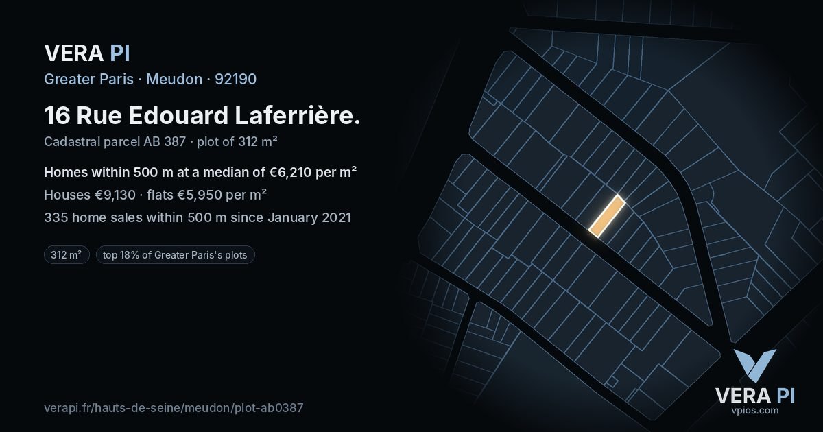 16 Rue Edouard Laferrière, Meudon at night – the plot lit, the parcels around coloured by the prices near them