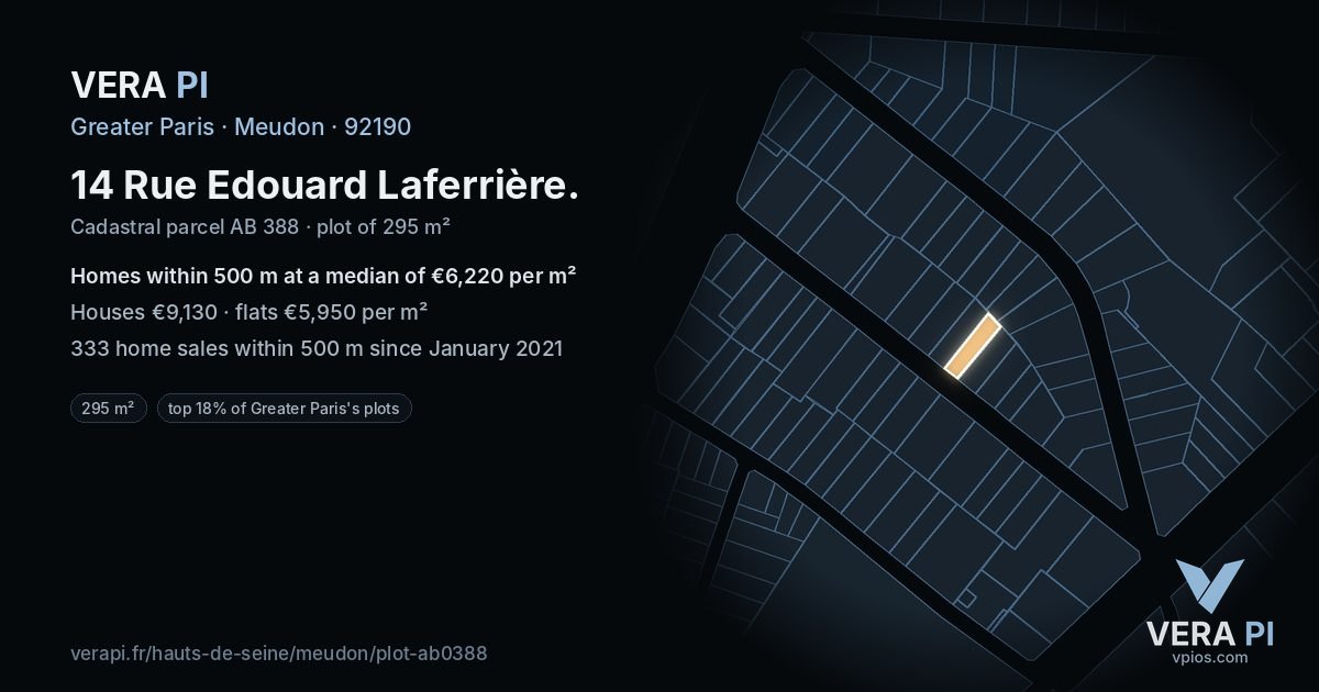 14 Rue Edouard Laferrière, Meudon at night – the plot lit, the parcels around coloured by the prices near them
