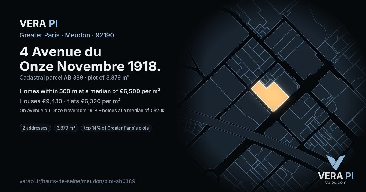 4 Avenue du Onze Novembre 1918, Meudon at night – the plot lit, the parcels around coloured by the prices near them