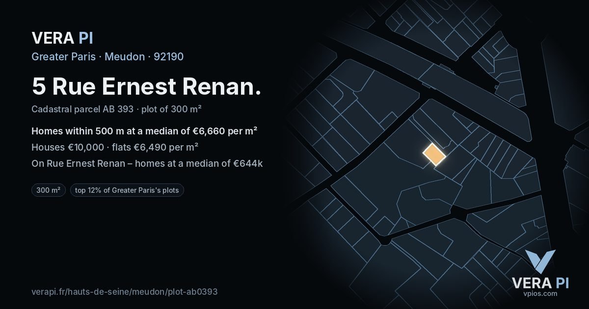5 Rue Ernest Renan, Meudon at night – the plot lit, the parcels around coloured by the prices near them