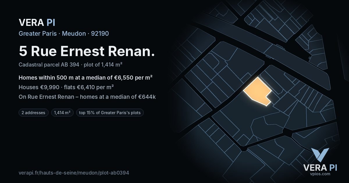 5 Rue Ernest Renan, Meudon at night – the plot lit, the parcels around coloured by the prices near them