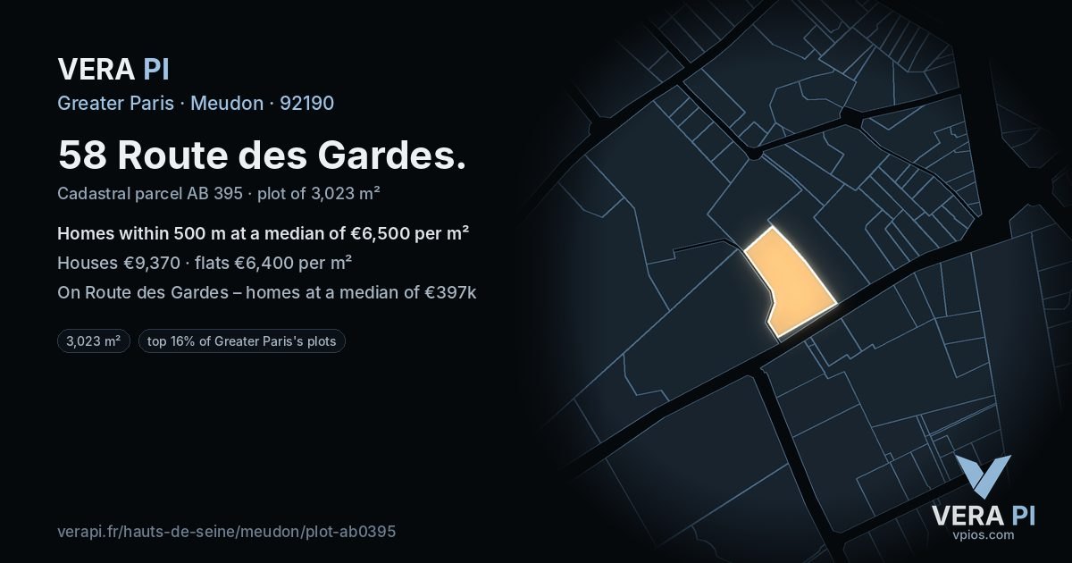58 Route des Gardes, Meudon at night – the plot lit, the parcels around coloured by the prices near them