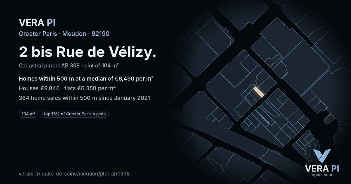 2 bis Rue de Vélizy, Meudon at night – the plot lit, the parcels around coloured by the prices near them