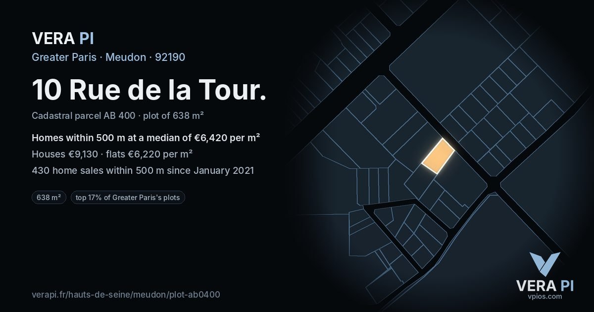 10 Rue de la Tour, Meudon at night – the plot lit, the parcels around coloured by the prices near them