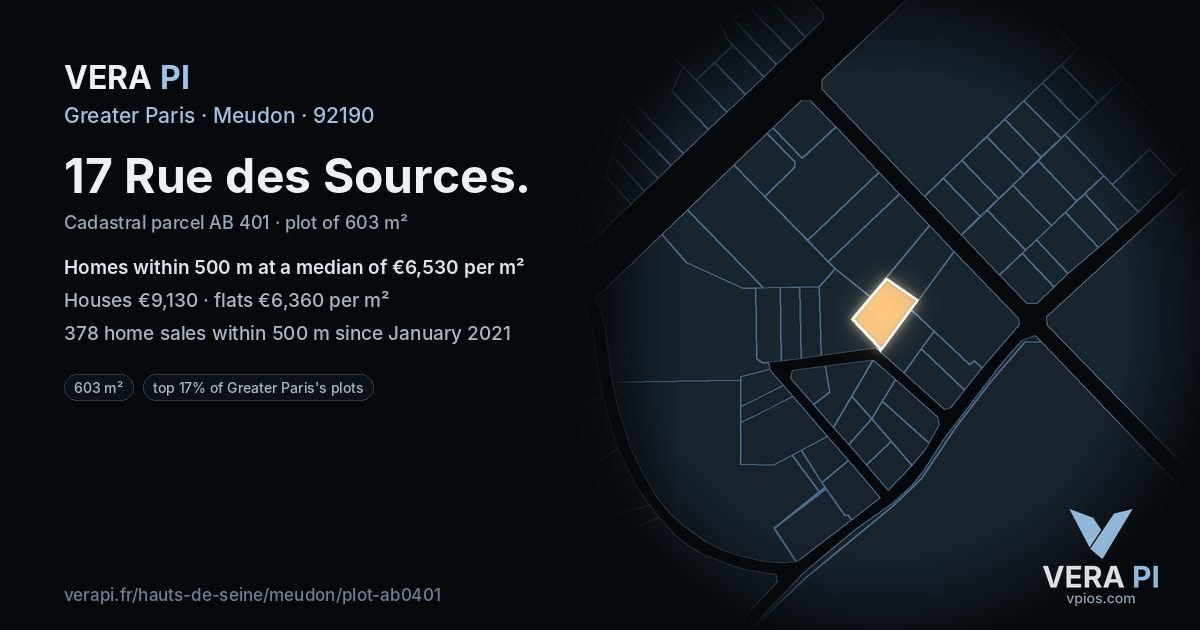 17 Rue des Sources, Meudon at night – the plot lit, the parcels around coloured by the prices near them