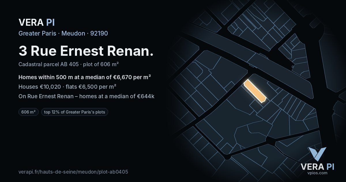 3 Rue Ernest Renan, Meudon at night – the plot lit, the parcels around coloured by the prices near them