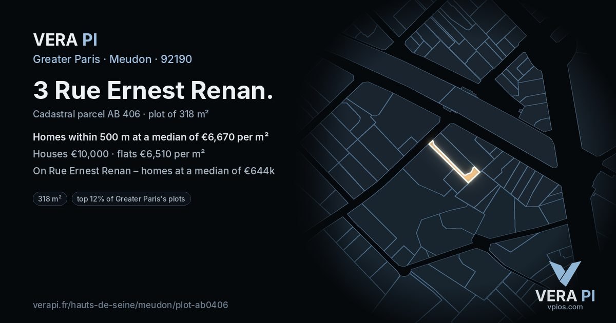 3 Rue Ernest Renan, Meudon at night – the plot lit, the parcels around coloured by the prices near them