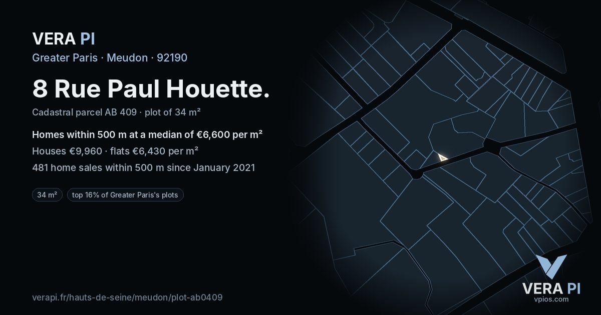 8 Rue Paul Houette, Meudon at night – the plot lit, the parcels around coloured by the prices near them