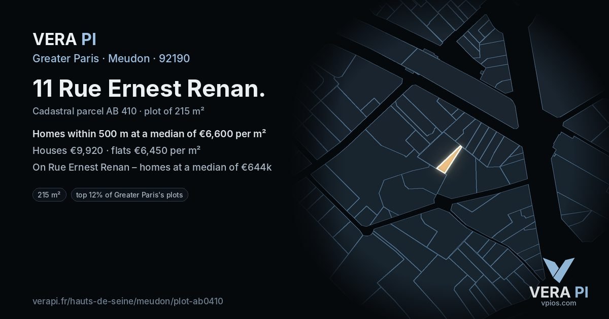 11 Rue Ernest Renan, Meudon at night – the plot lit, the parcels around coloured by the prices near them