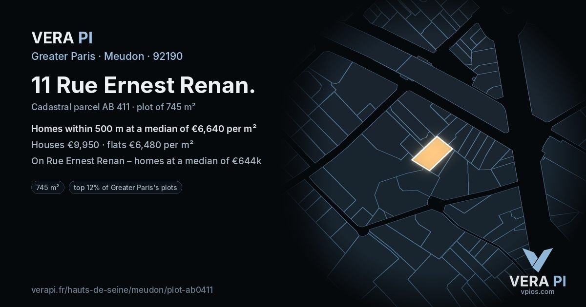 11 Rue Ernest Renan, Meudon at night – the plot lit, the parcels around coloured by the prices near them