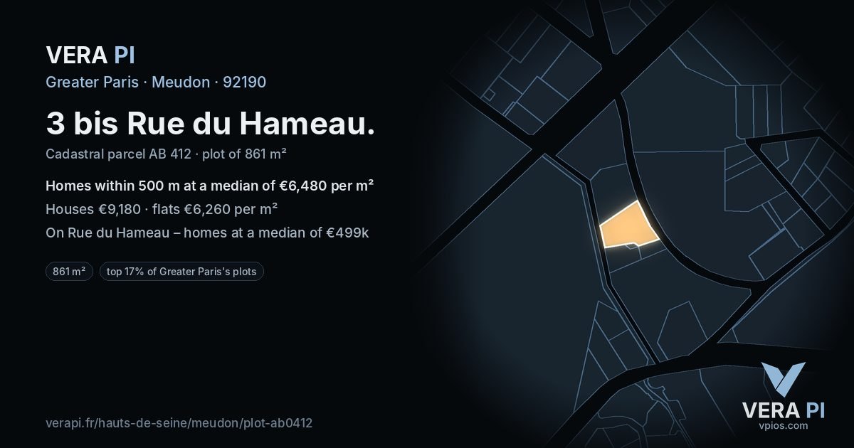 3 bis Rue du Hameau, Meudon at night – the plot lit, the parcels around coloured by the prices near them