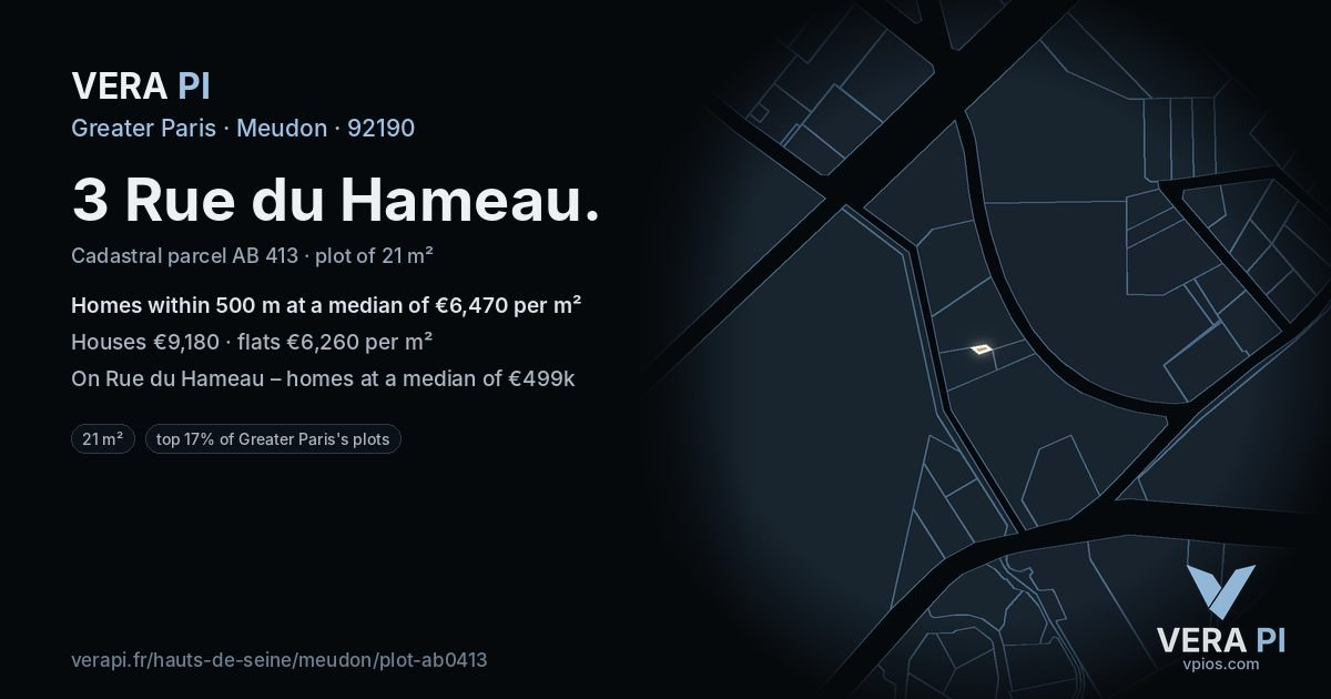 3 Rue du Hameau, Meudon at night – the plot lit, the parcels around coloured by the prices near them