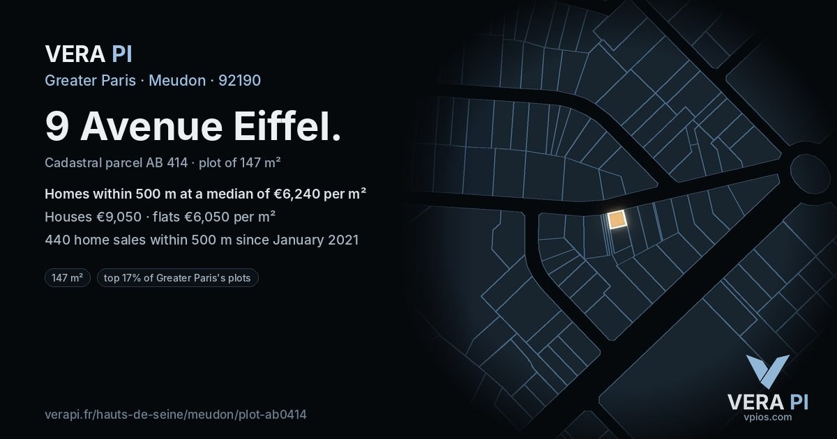 9 Avenue Eiffel, Meudon at night – the plot lit, the parcels around coloured by the prices near them