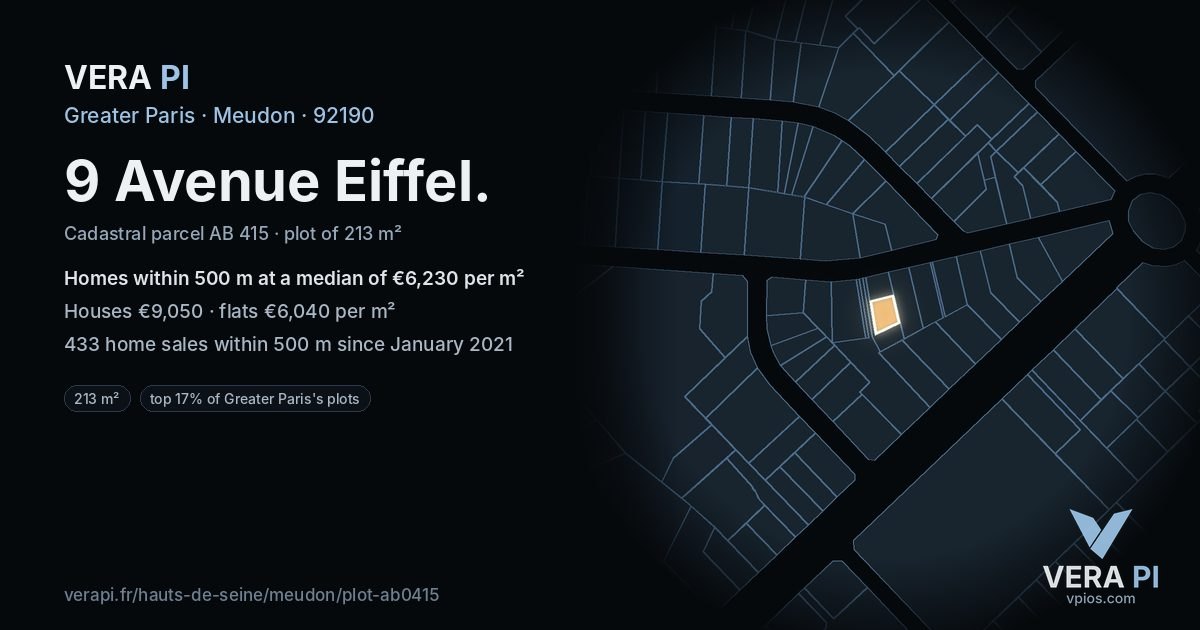 9 Avenue Eiffel, Meudon at night – the plot lit, the parcels around coloured by the prices near them