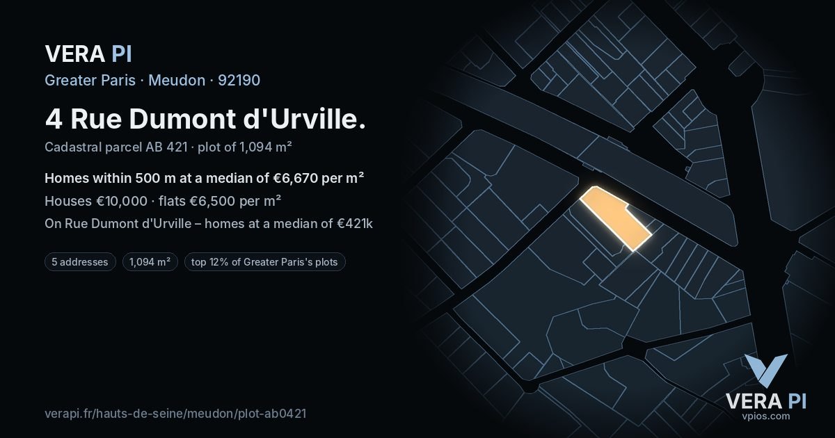 4 Rue Dumont d'Urville, Meudon at night – the plot lit, the parcels around coloured by the prices near them