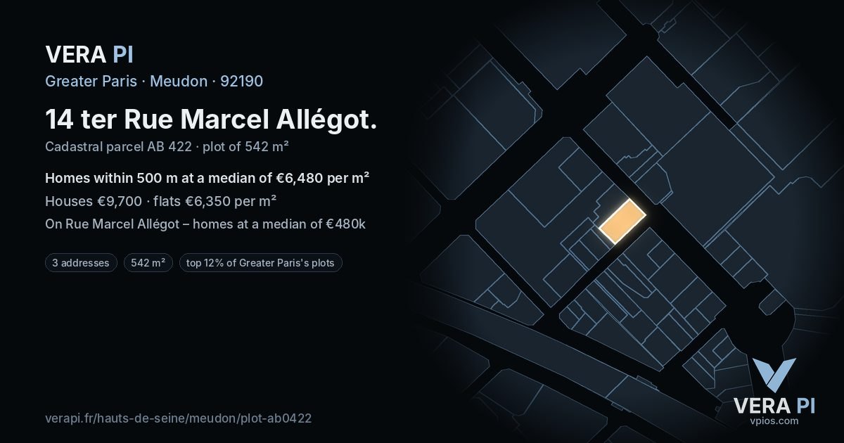 14 ter Rue Marcel Allégot, Meudon at night – the plot lit, the parcels around coloured by the prices near them