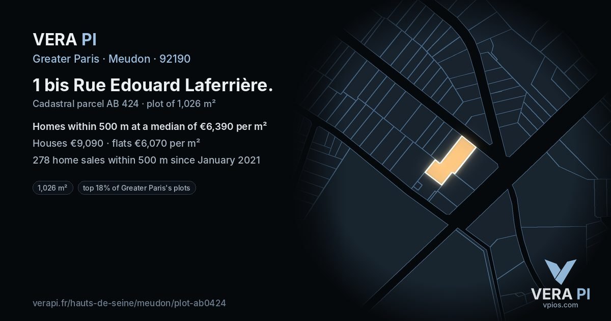 1 bis Rue Edouard Laferrière, Meudon at night – the plot lit, the parcels around coloured by the prices near them