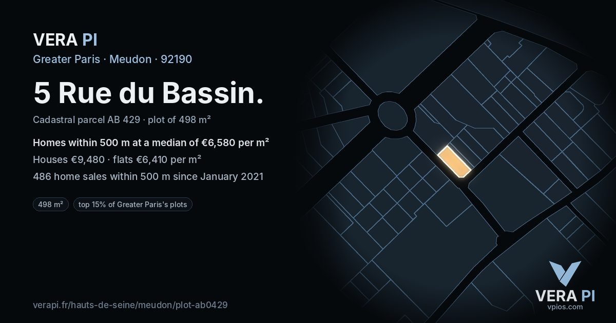 5 Rue du Bassin, Meudon at night – the plot lit, the parcels around coloured by the prices near them