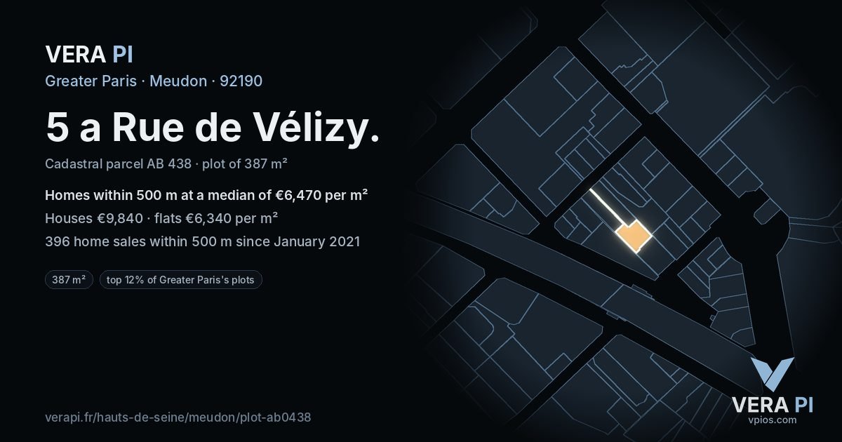5 a Rue de Vélizy, Meudon at night – the plot lit, the parcels around coloured by the prices near them