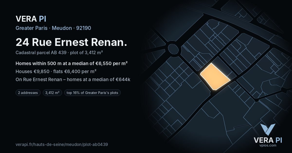 24 Rue Ernest Renan, Meudon at night – the plot lit, the parcels around coloured by the prices near them