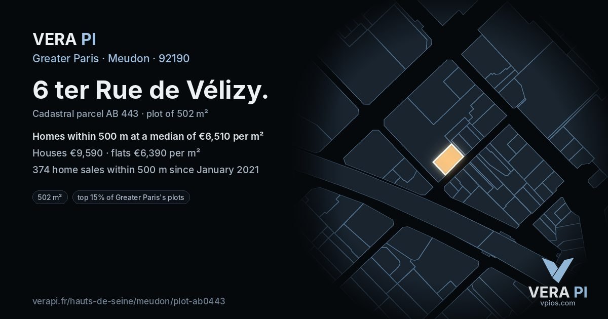 6 ter Rue de Vélizy, Meudon at night – the plot lit, the parcels around coloured by the prices near them