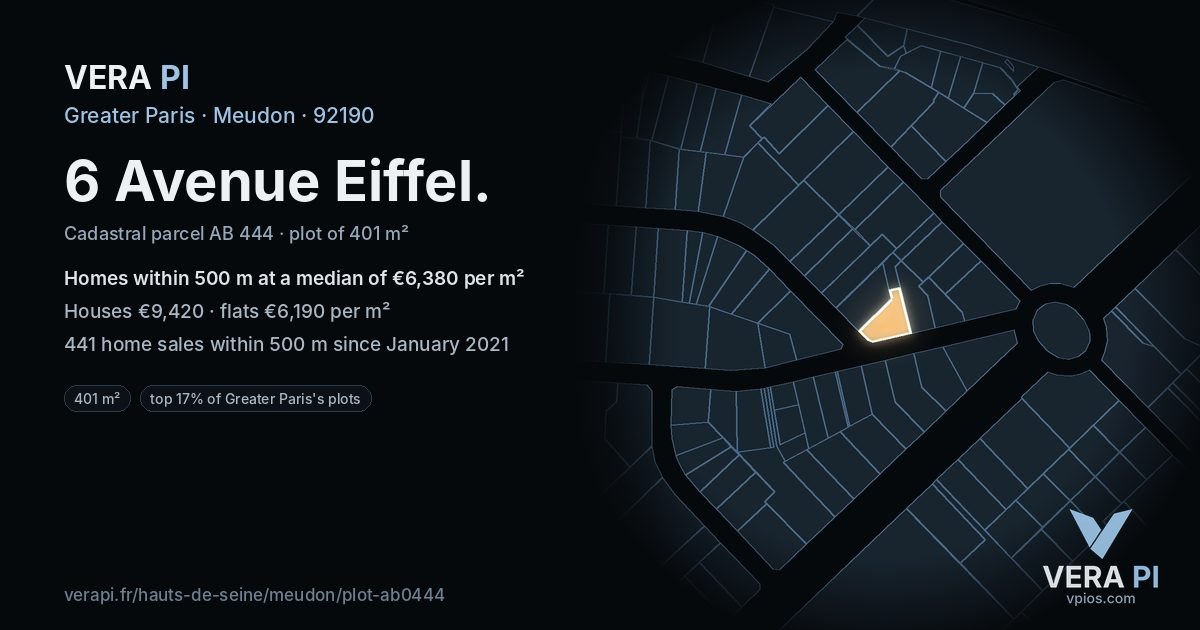 6 Avenue Eiffel, Meudon at night – the plot lit, the parcels around coloured by the prices near them