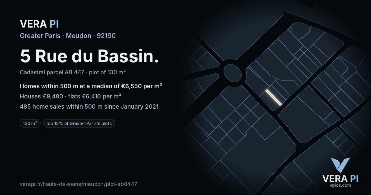 5 Rue du Bassin, Meudon at night – the plot lit, the parcels around coloured by the prices near them