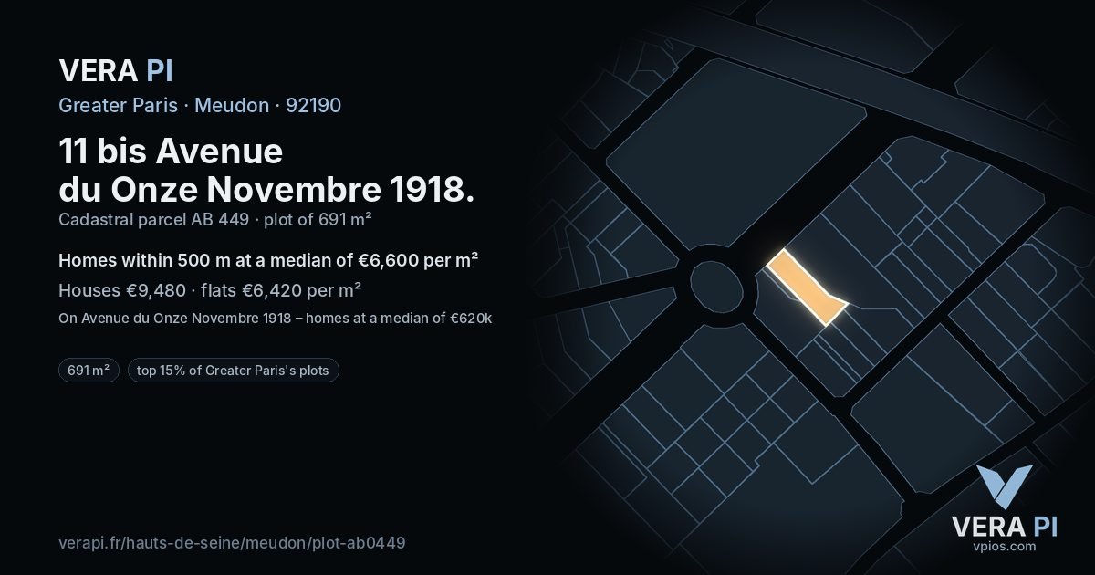 11 bis Avenue du Onze Novembre 1918, Meudon at night – the plot lit, the parcels around coloured by the prices near them