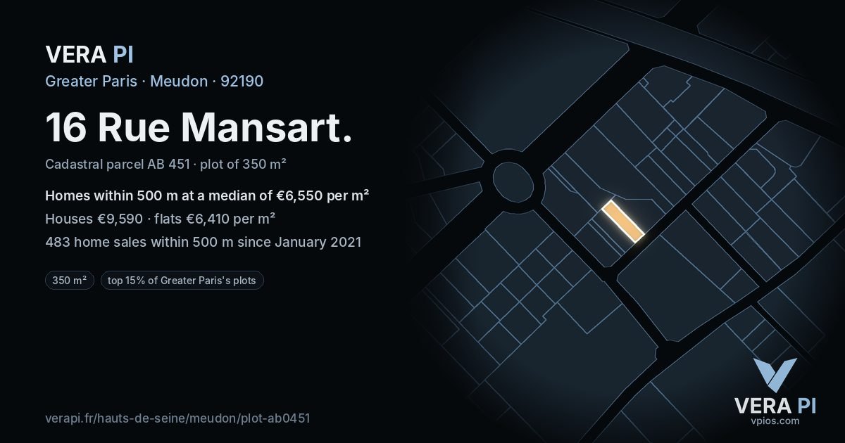 16 Rue Mansart, Meudon at night – the plot lit, the parcels around coloured by the prices near them