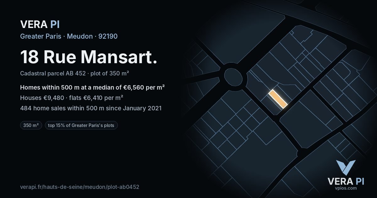 18 Rue Mansart, Meudon at night – the plot lit, the parcels around coloured by the prices near them