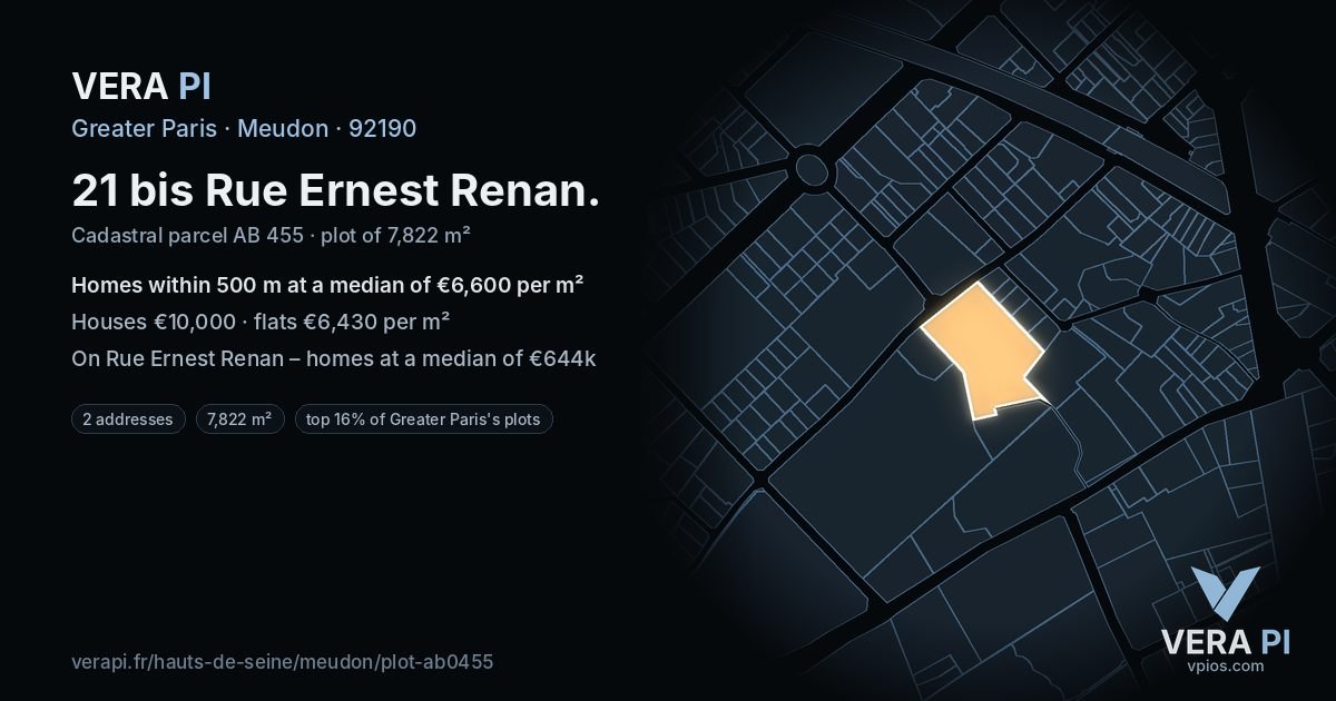 21 bis Rue Ernest Renan, Meudon at night – the plot lit, the parcels around coloured by the prices near them