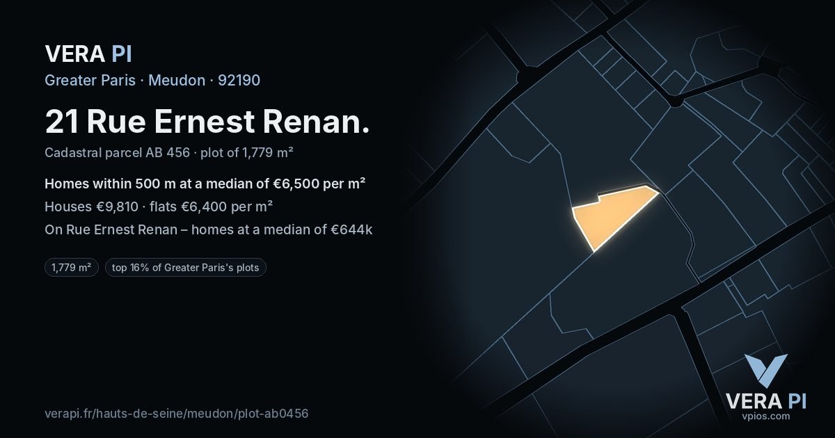 21 Rue Ernest Renan, Meudon at night – the plot lit, the parcels around coloured by the prices near them