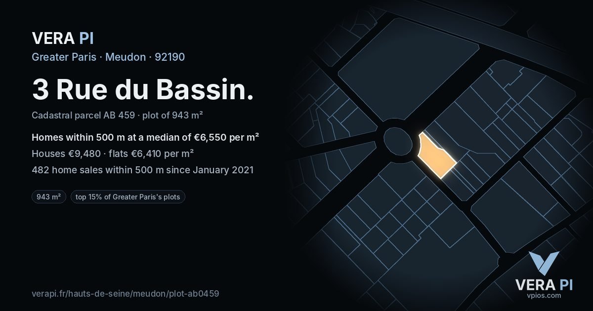 3 Rue du Bassin, Meudon at night – the plot lit, the parcels around coloured by the prices near them