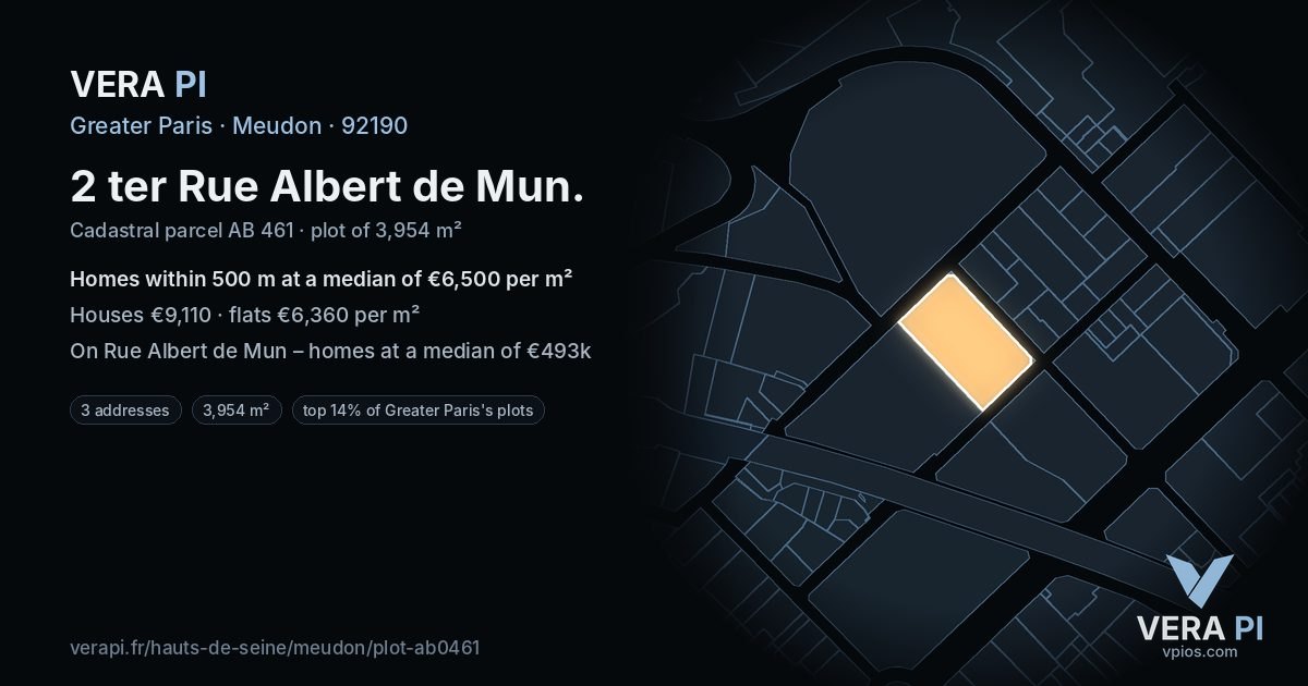 2 ter Rue Albert de Mun, Meudon at night – the plot lit, the parcels around coloured by the prices near them