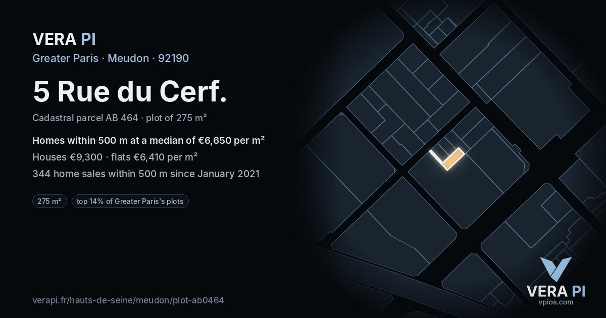5 Rue du Cerf, Meudon at night – the plot lit, the parcels around coloured by the prices near them