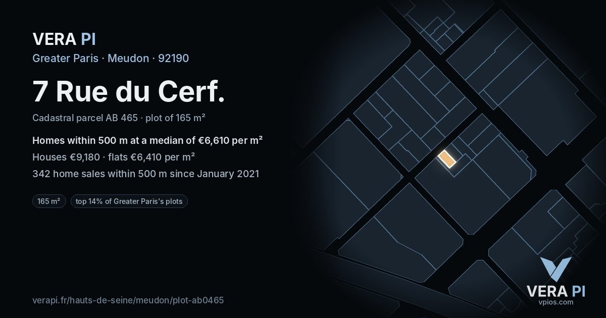 7 Rue du Cerf, Meudon at night – the plot lit, the parcels around coloured by the prices near them