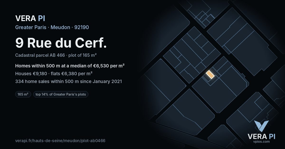 9 Rue du Cerf, Meudon at night – the plot lit, the parcels around coloured by the prices near them