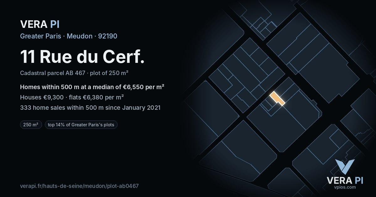 11 Rue du Cerf, Meudon at night – the plot lit, the parcels around coloured by the prices near them