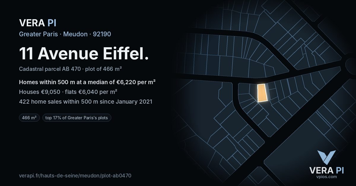 11 Avenue Eiffel, Meudon at night – the plot lit, the parcels around coloured by the prices near them