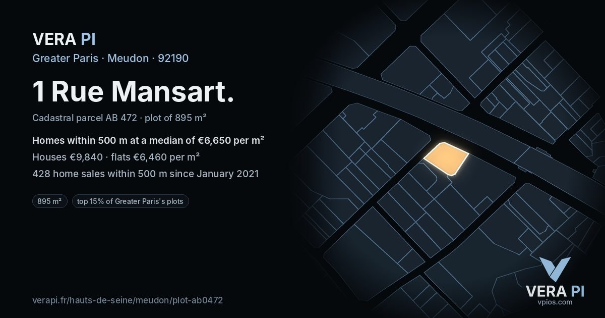 1 Rue Mansart, Meudon at night – the plot lit, the parcels around coloured by the prices near them