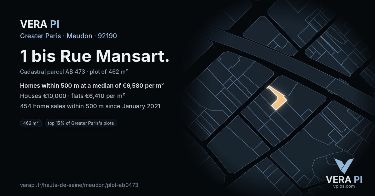 1 bis Rue Mansart, Meudon at night – the plot lit, the parcels around coloured by the prices near them