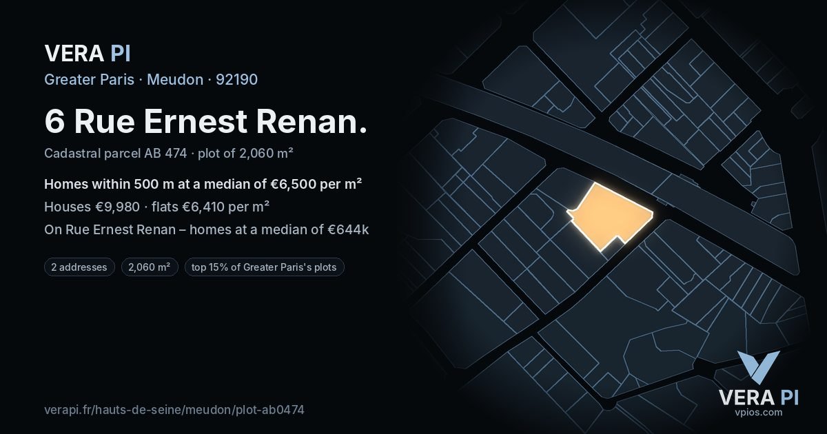 6 Rue Ernest Renan, Meudon at night – the plot lit, the parcels around coloured by the prices near them