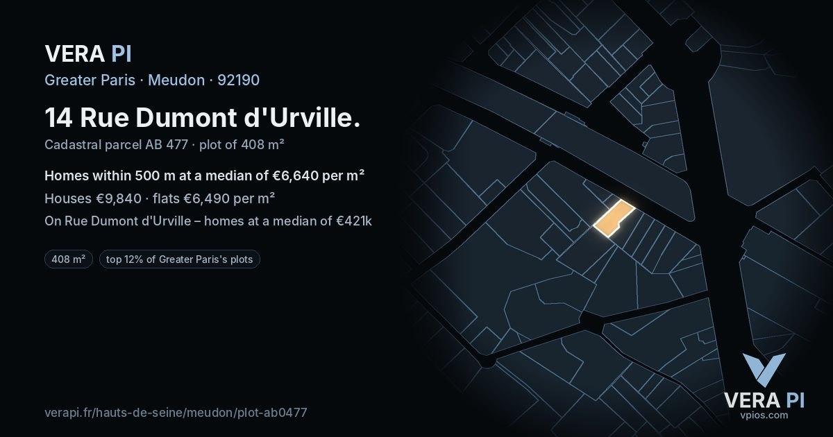 14 Rue Dumont d'Urville, Meudon at night – the plot lit, the parcels around coloured by the prices near them