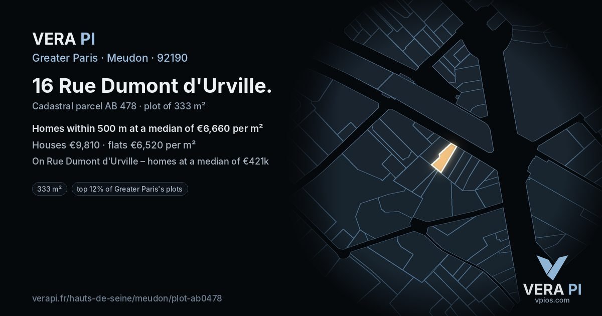 16 Rue Dumont d'Urville, Meudon at night – the plot lit, the parcels around coloured by the prices near them