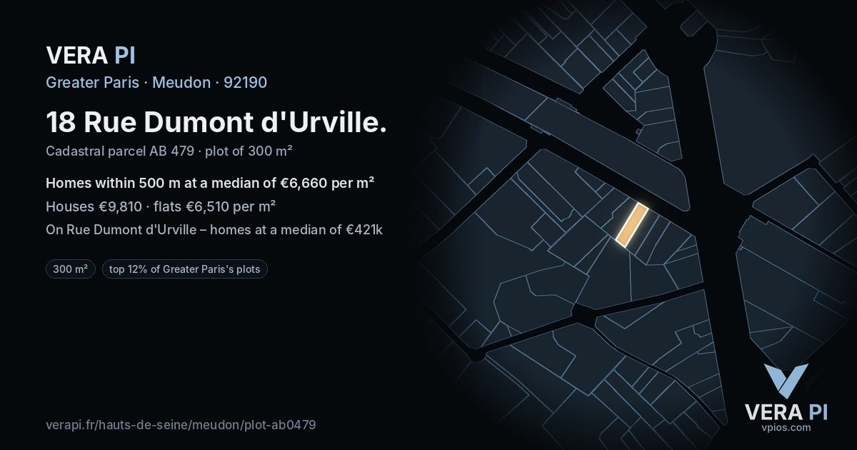 18 Rue Dumont d'Urville, Meudon at night – the plot lit, the parcels around coloured by the prices near them